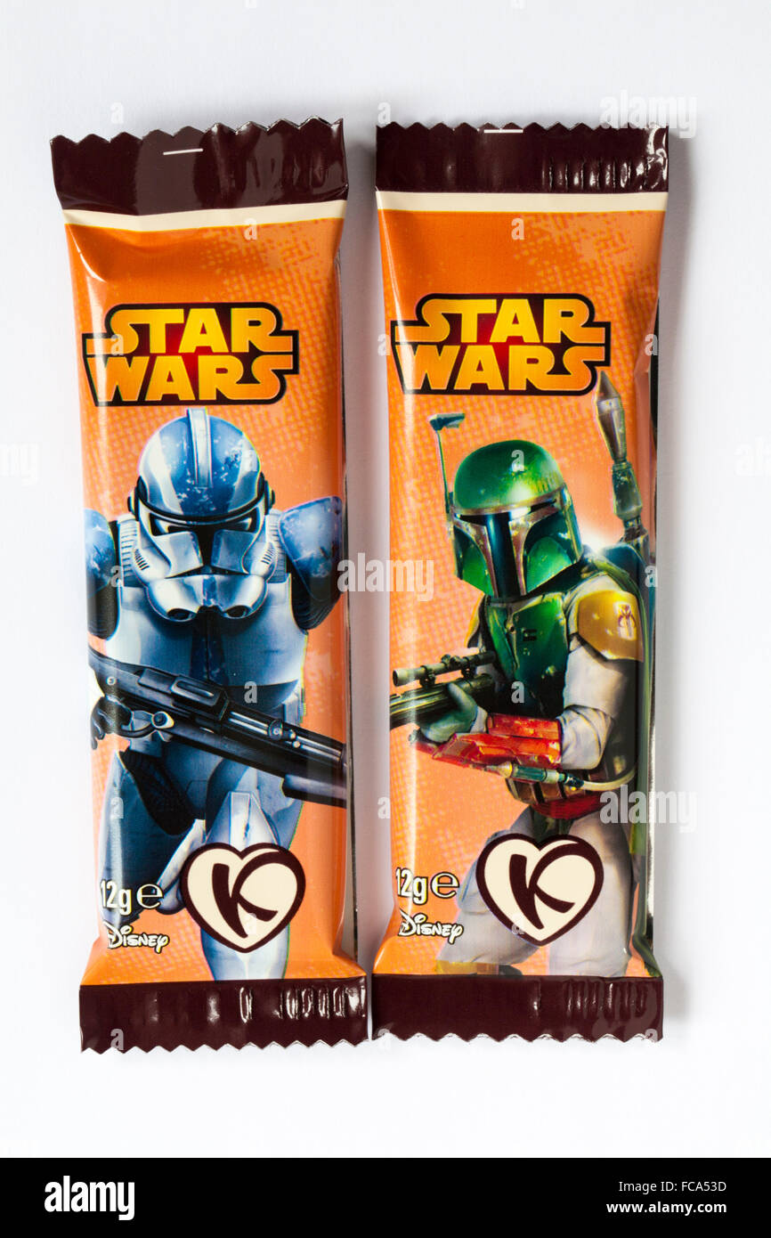 Star Wars chocolate bars from Star Wars 9 piece selection box chocolates from Kinnerton isolated on white background Stock Photo