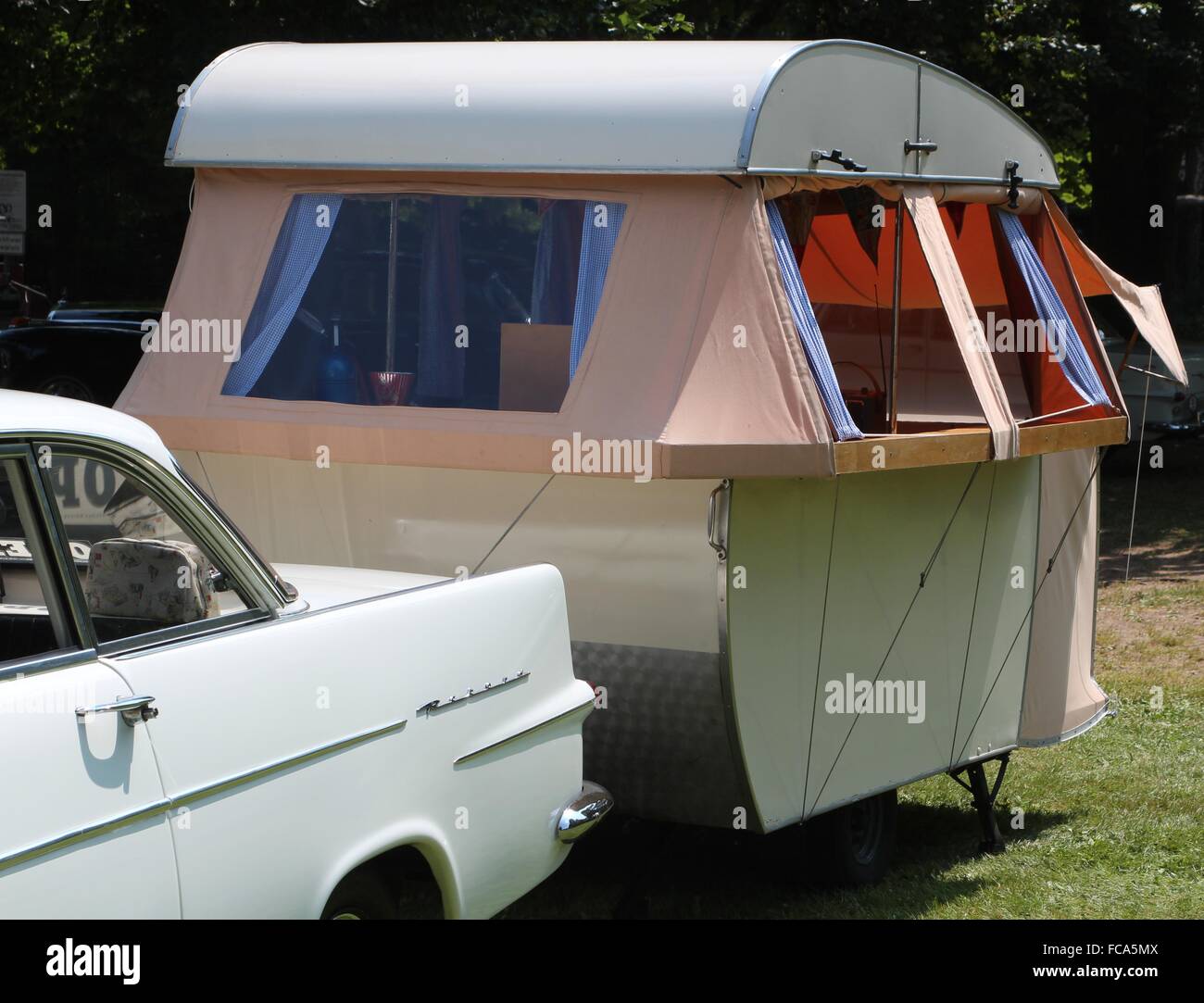 Oldtimer with mobile home trailer Stock Photo