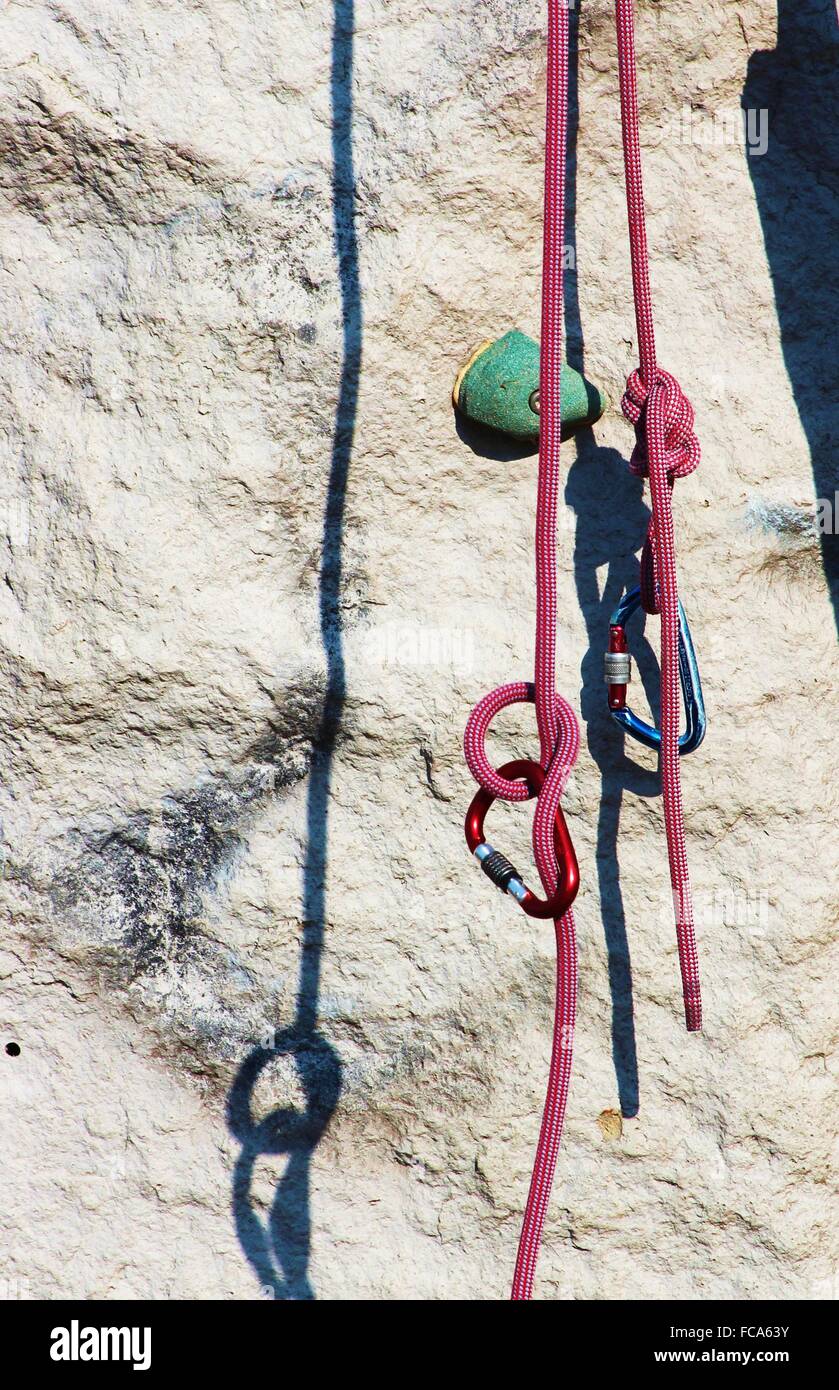 Climbing rope on a climbing wall Stock Photo