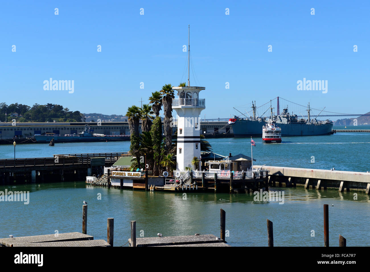 Forbes Island seafood restaurant from Pier 39, Fisherman's Wharf, San