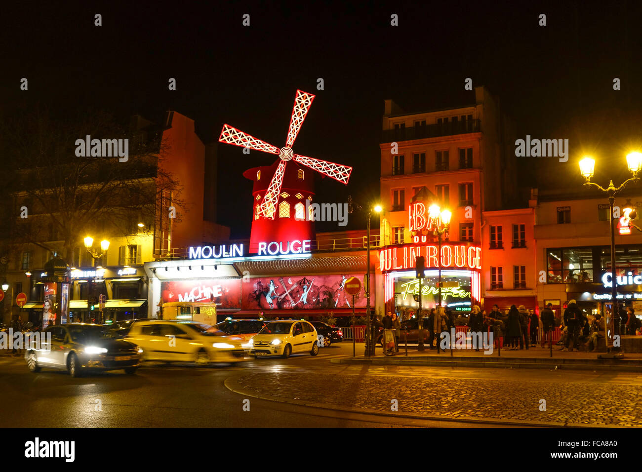Moulin Rouge Paris night club, cabaret at night, Pigalle, Boulevard de