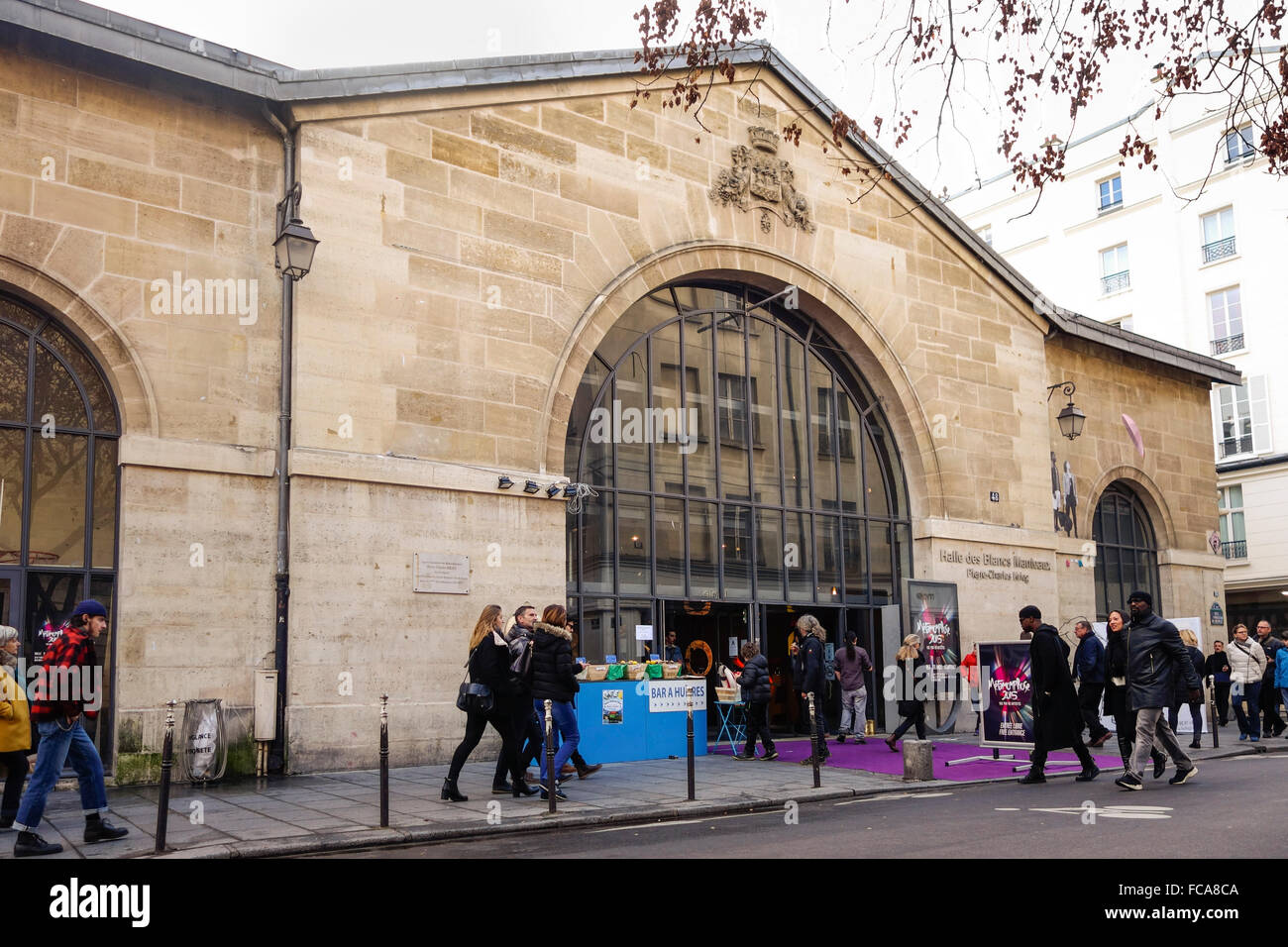 Halle des Blanc Manteaux, hall arched space for cultural events, classes, dance, paintings, martial arts. Marais, Paris. Stock Photo