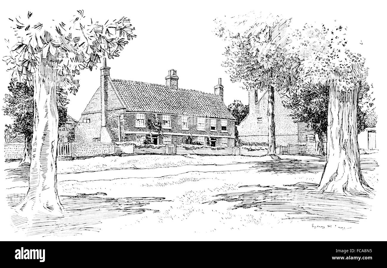 UK, England, Yorkshire, Green Hammerton, Old brick cottages on the Green, 1911, line illustration by, Sydney R Jones Stock Photo