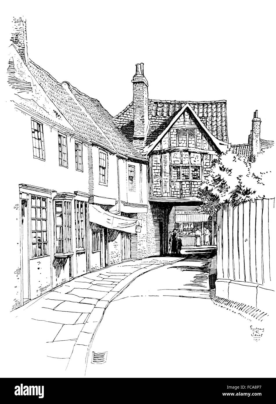 UK, England, Yorkshire, York, old timber framed house built over road, 1911, line illustration by, Sydney R Jones Stock Photo