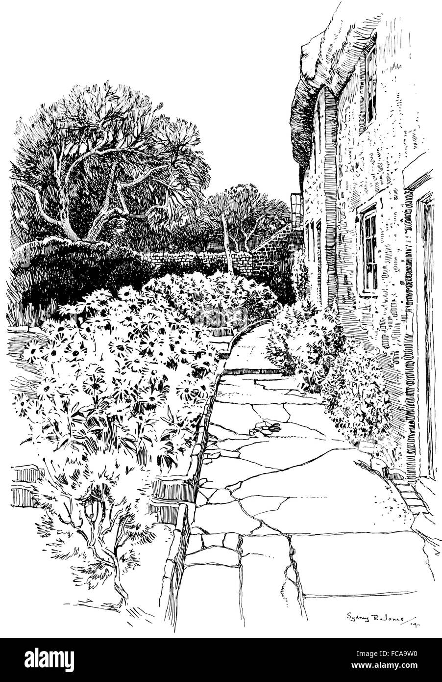 UK, England, Somerset, Alhampton, cottage garden, Thatched 1911 line illustration by, Sydney R Jones, from The Studio Magazine's Stock Photo
