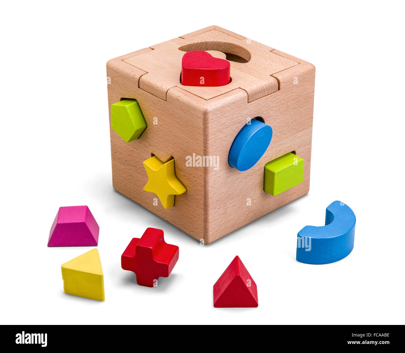 Wooden puzzle box toy with colorful blocs isolated on white with clipping path Stock Photo