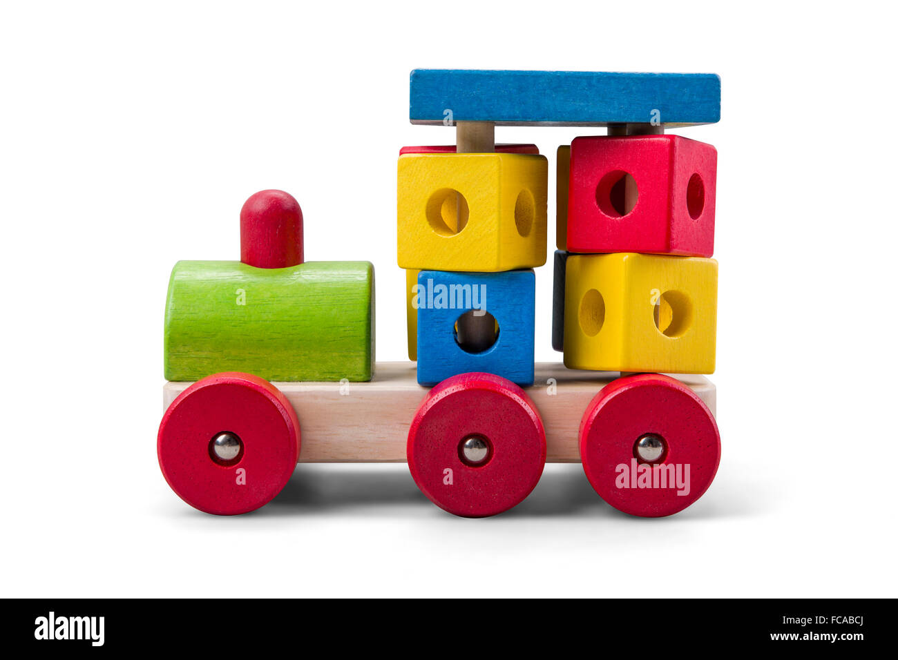 Wooden car toy with colorful blocks isolated over white with clipping path Stock Photo