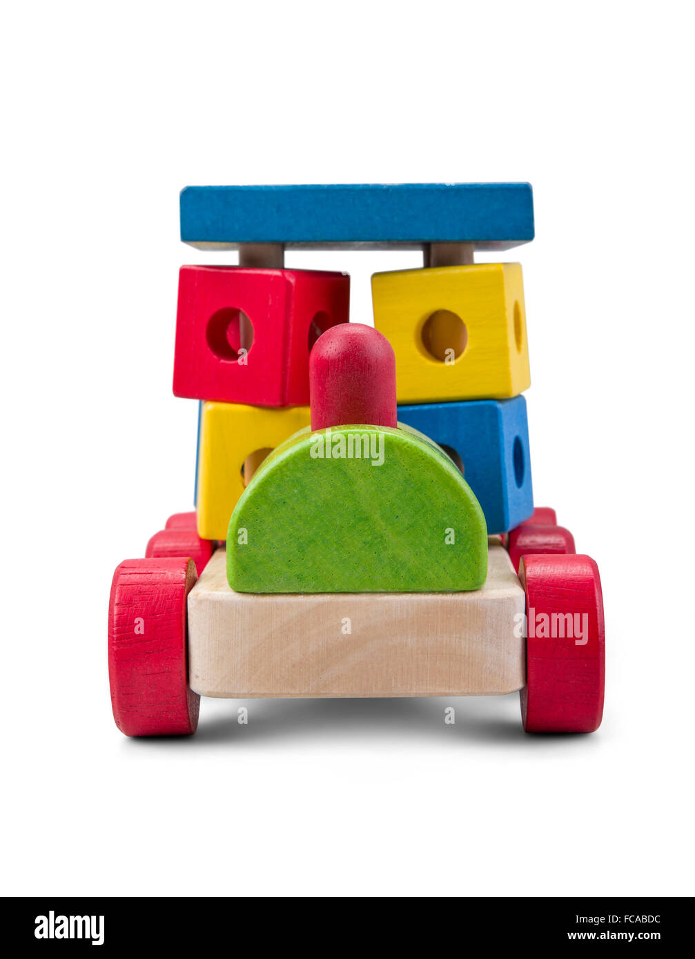 Wooden car toy with colorful blocks isolated over white with clipping path Stock Photo