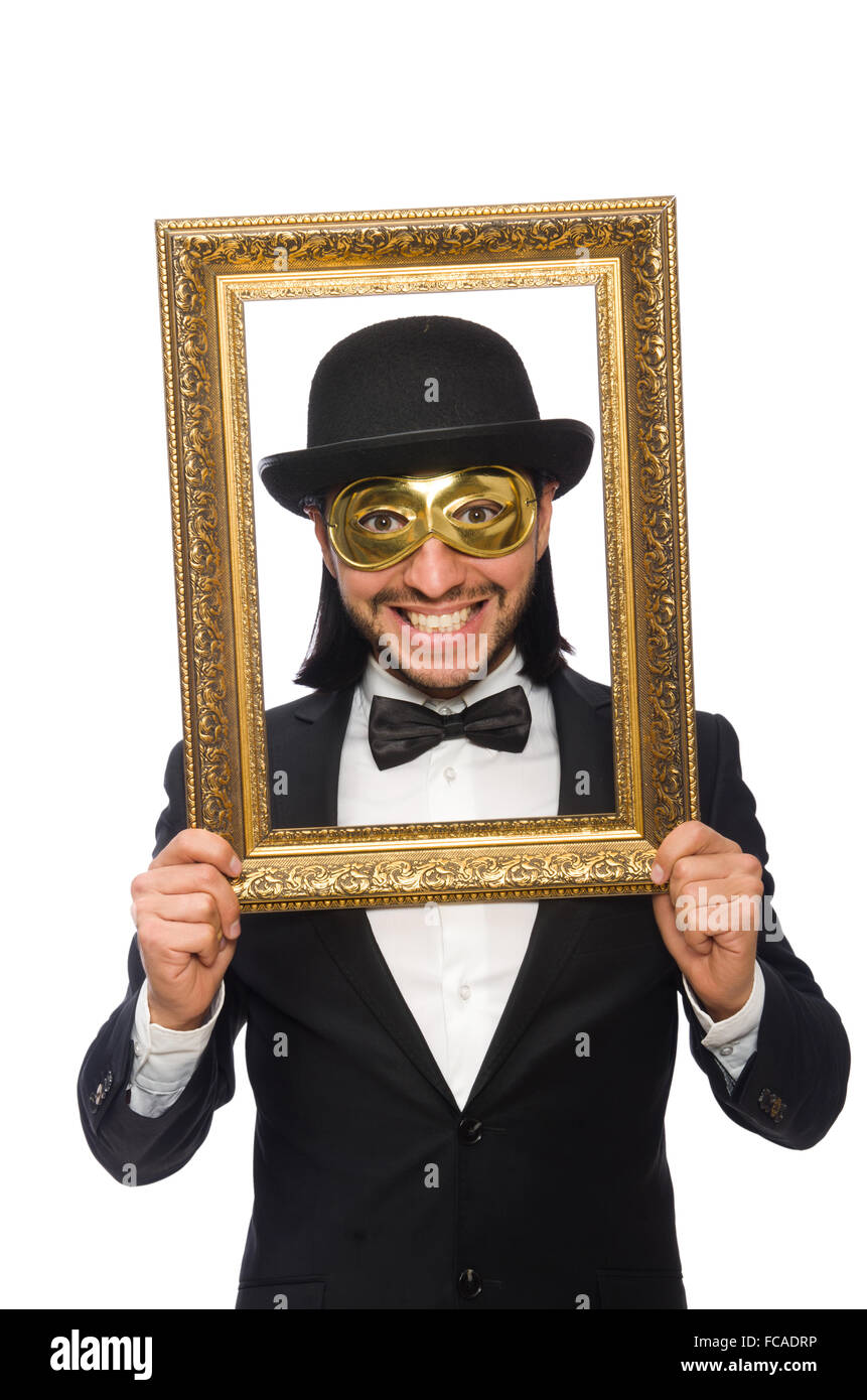 Funny man with picture frame on white Stock Photo Alamy