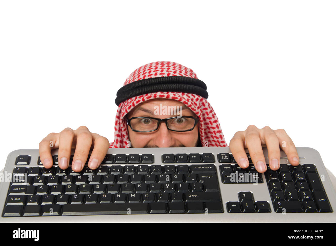 Arab On Computer Arab businessman with computer on white Stock Photo - Alamy