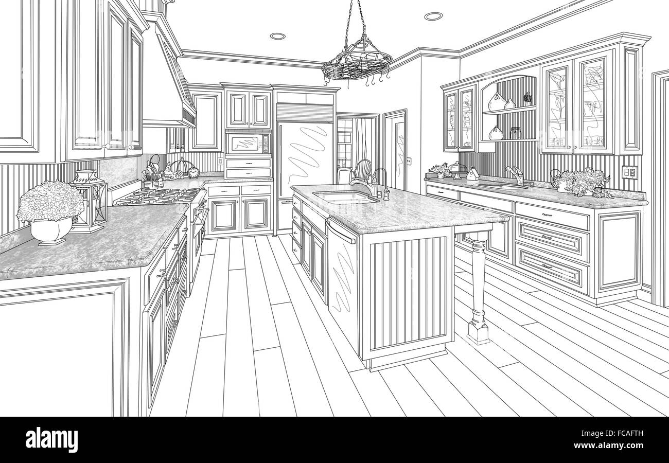 Kitchen interior drawing furniture sketch Vector Image