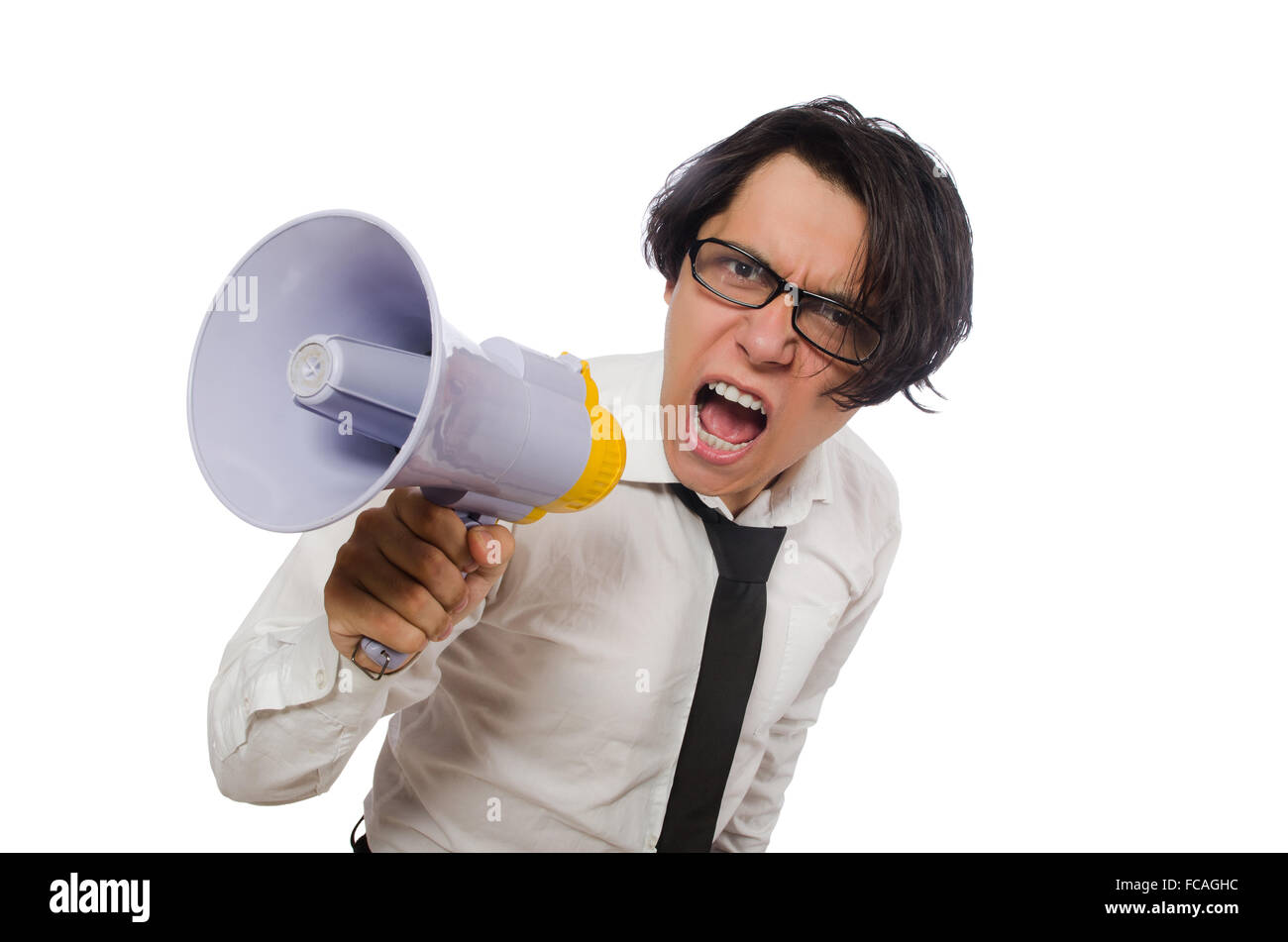 Angry man with loudspeaker isolated on white Stock Photo - Alamy