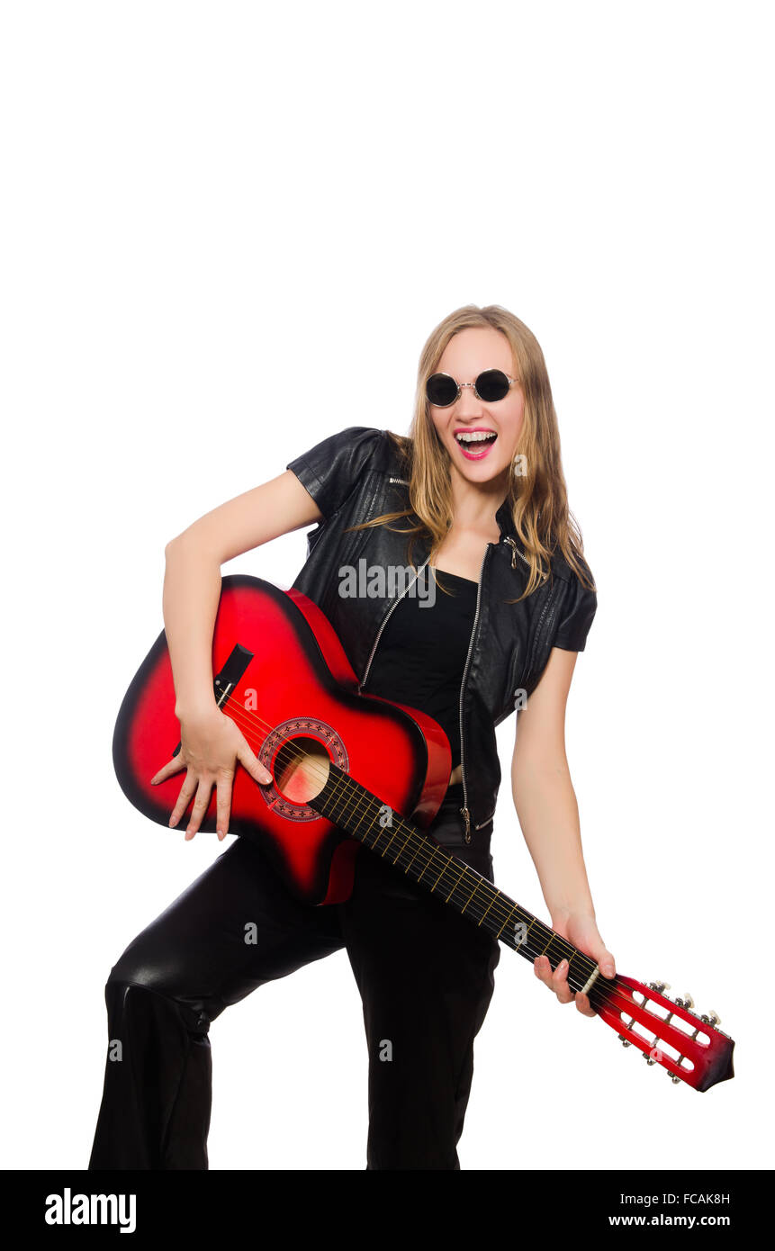 Young woman guitar player isolated on white Stock Photo - Alamy
