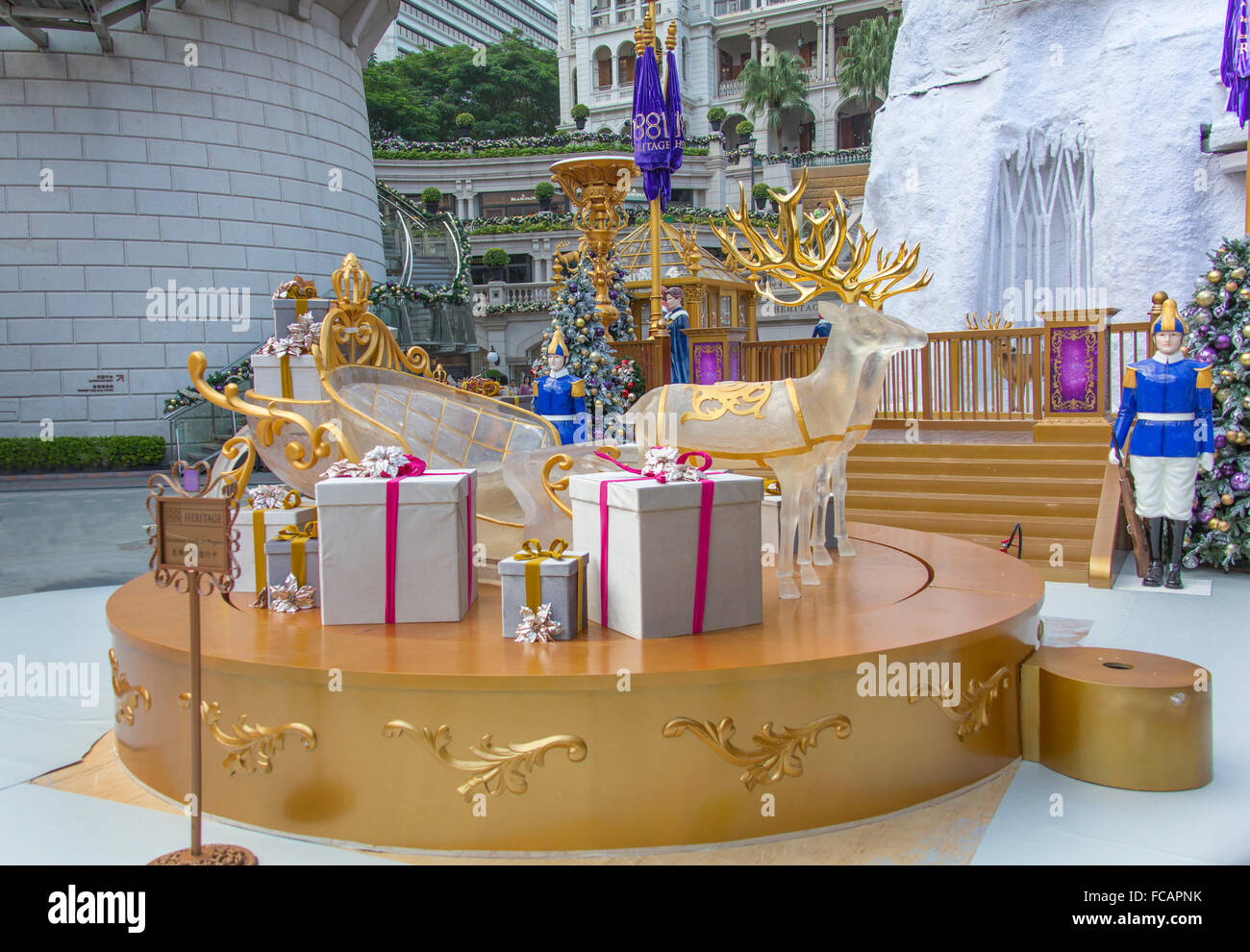 Christmas scene display in Hong Kong. Gift boxes and presents with Reindeer. Stock Photo