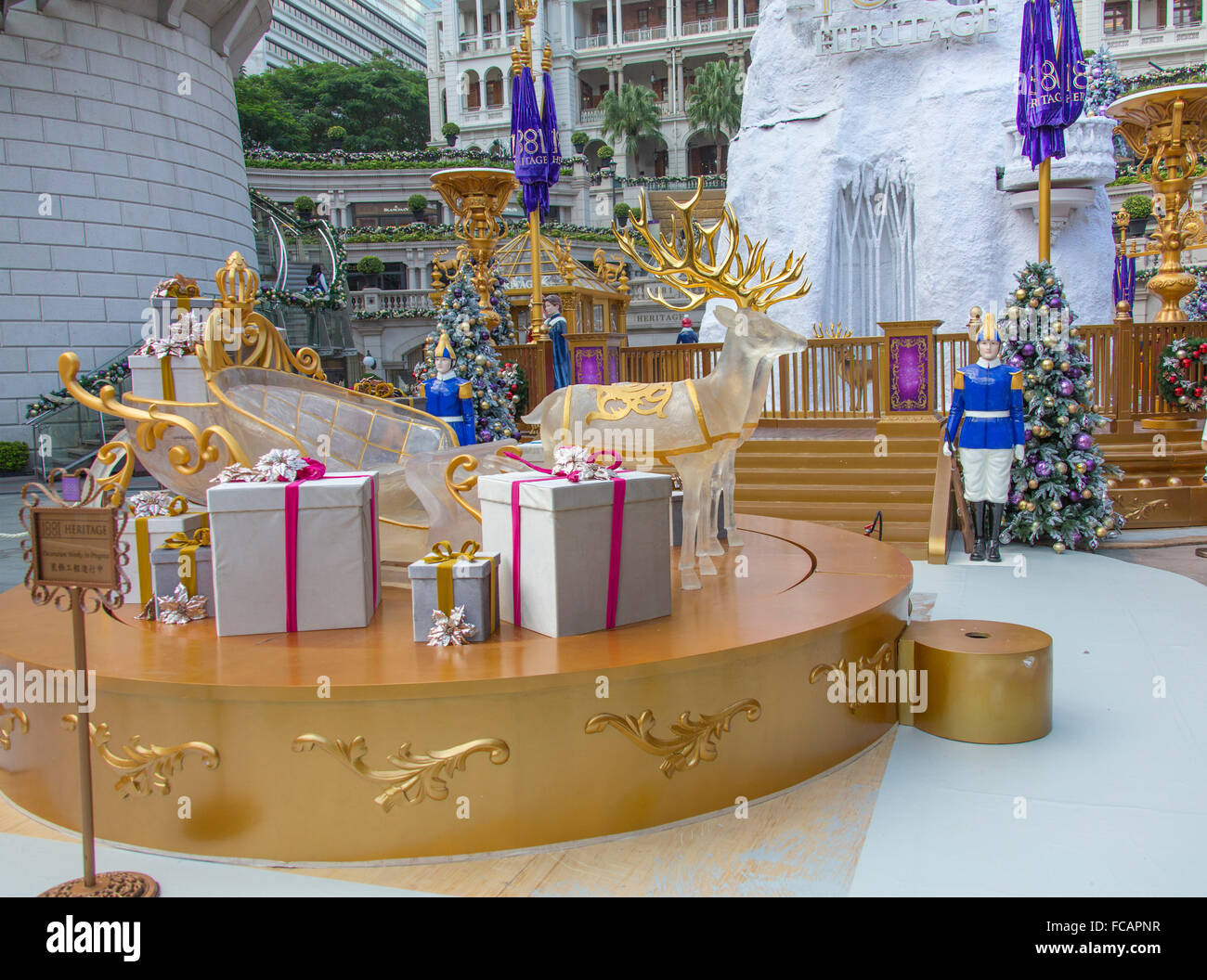 Christmas scene display in Hong Kong. Gift boxes and presents with Reindeer. Stock Photo