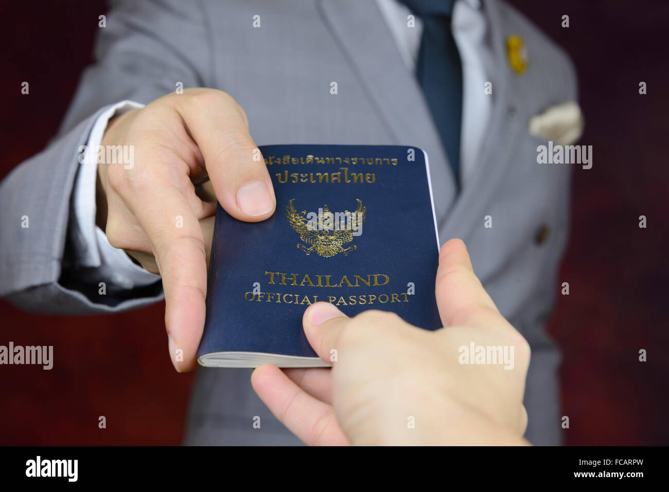 businessman in grey suit showing official passport to travel aboard, business trip Stock Photo