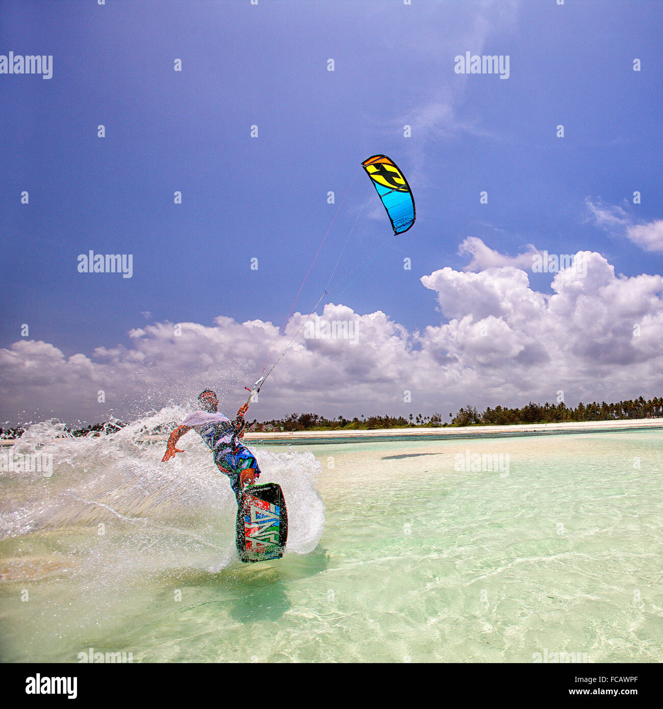 kitesurfing on the beach of Paje. Island of Zanzibar. Tanzania. Africa Stock Photo