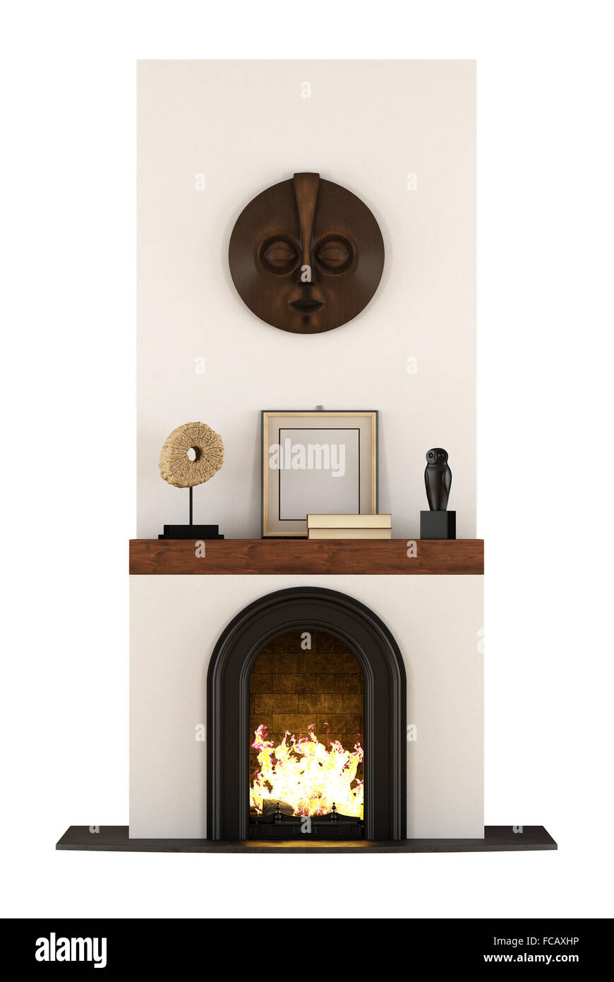 Ethnic fireplace with decor objects isolated  on white - 3D Rendering Stock Photo