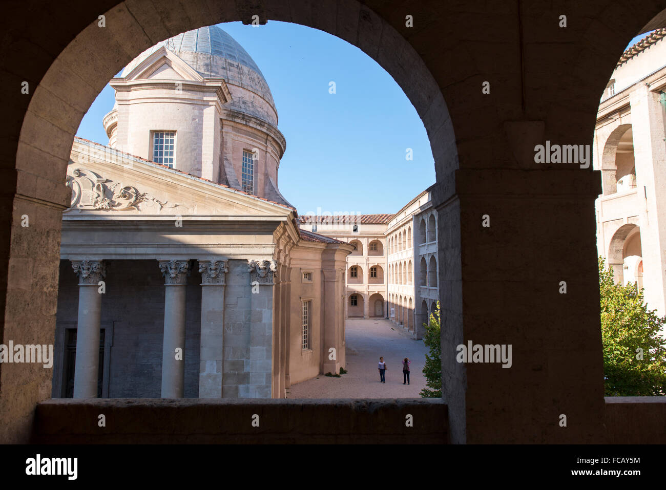 View through an archway at La Vieille Charite in the Panier neighborhood of Marseille, France. Stock Photo