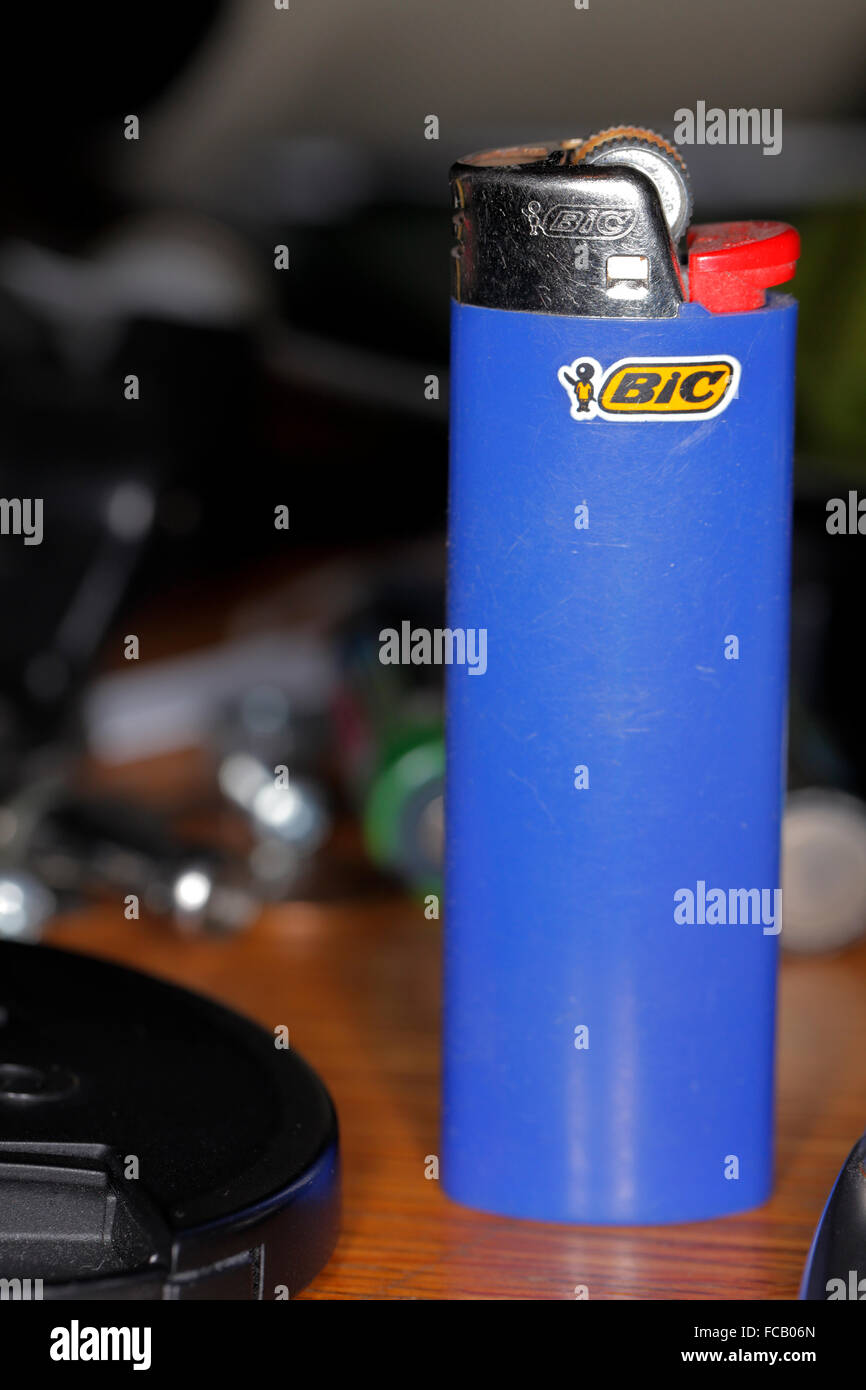 Blue Bic lighter. Stock Photo