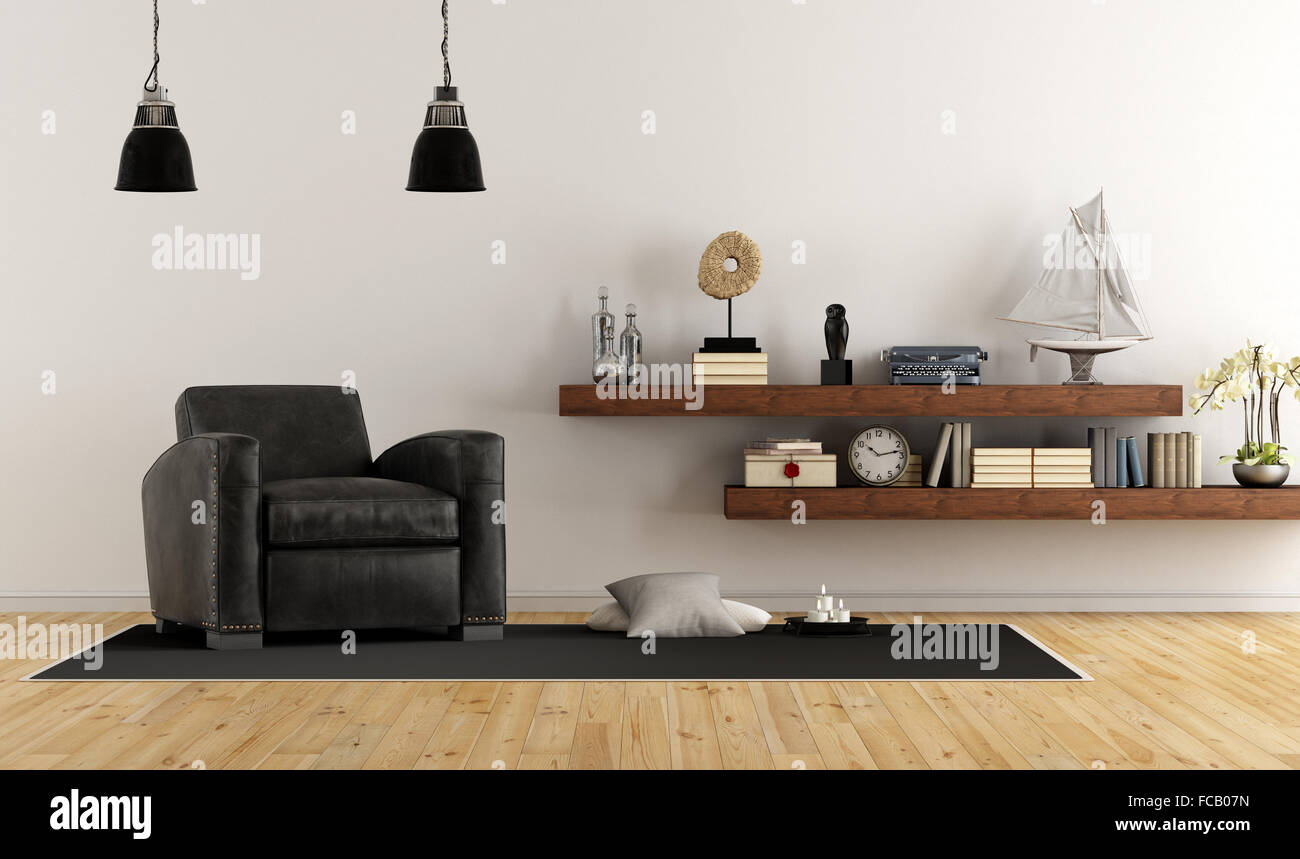 Retro vintage living room with leather armchair and wooden shelves with books and decor objects - 3D Rendering Stock Photo
