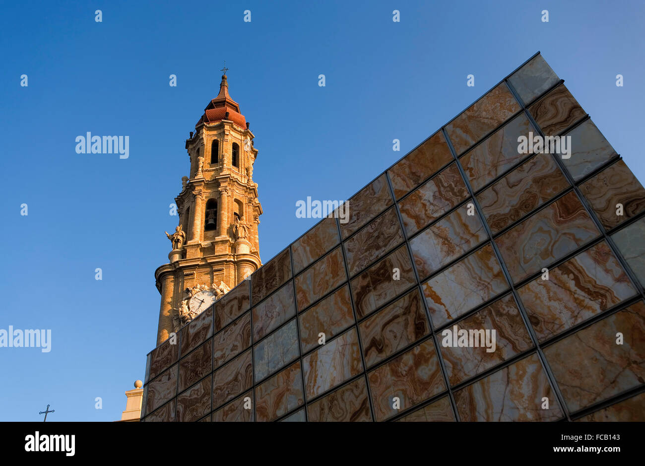 Zaragoza, Aragón, Spain: 'La seo' square.Foro museum and the bell tower of 'La Seo' Stock Photo