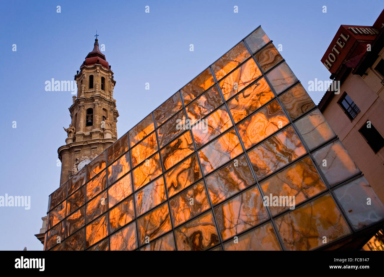 Zaragoza, Aragón, Spain: 'La seo' square.Foro museum and the bell tower of 'La Seo' Stock Photo