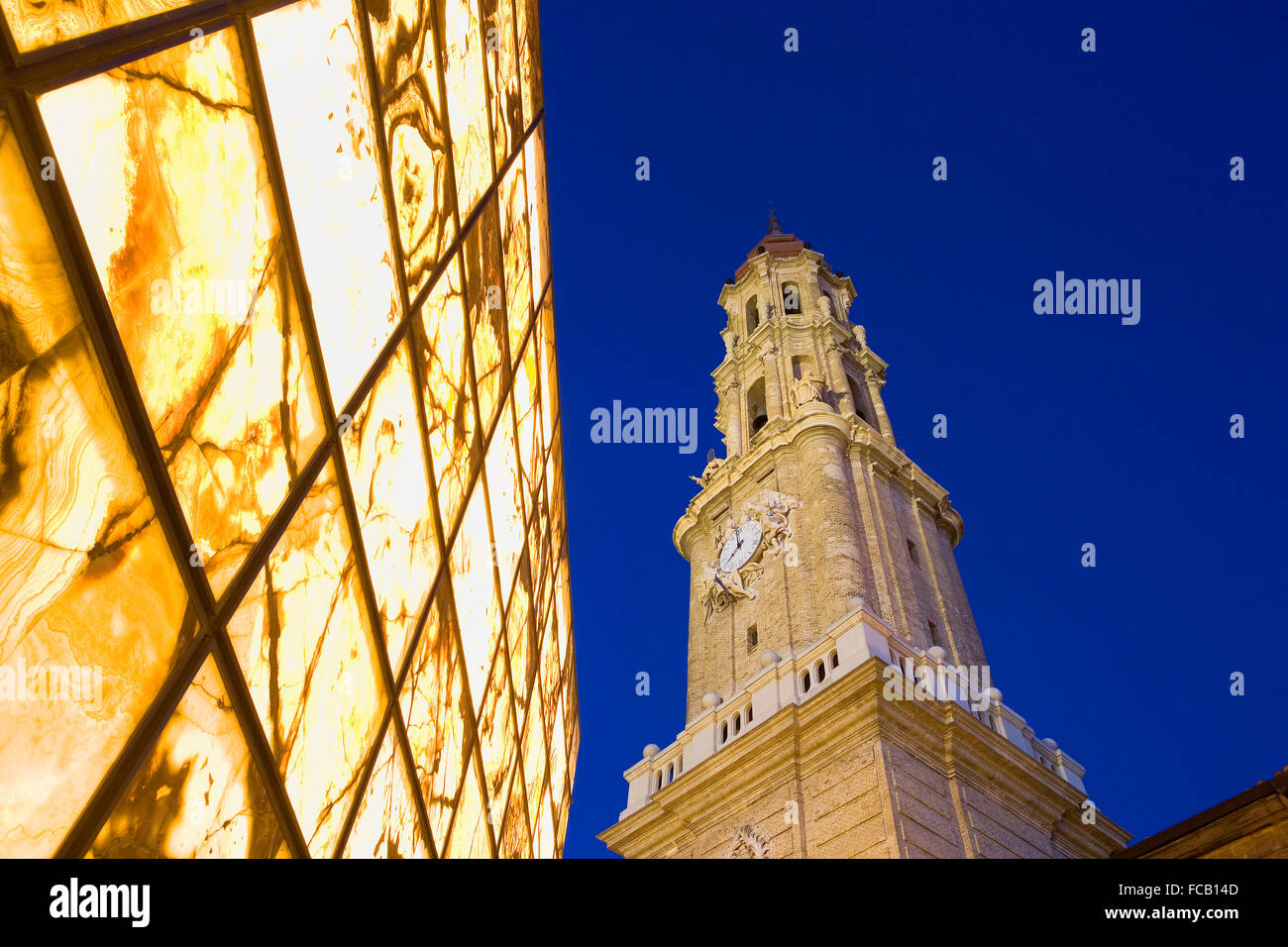 Zaragoza, Aragón, Spain: 'La seo' square.Foro museum and the bell tower of 'La Seo' Stock Photo