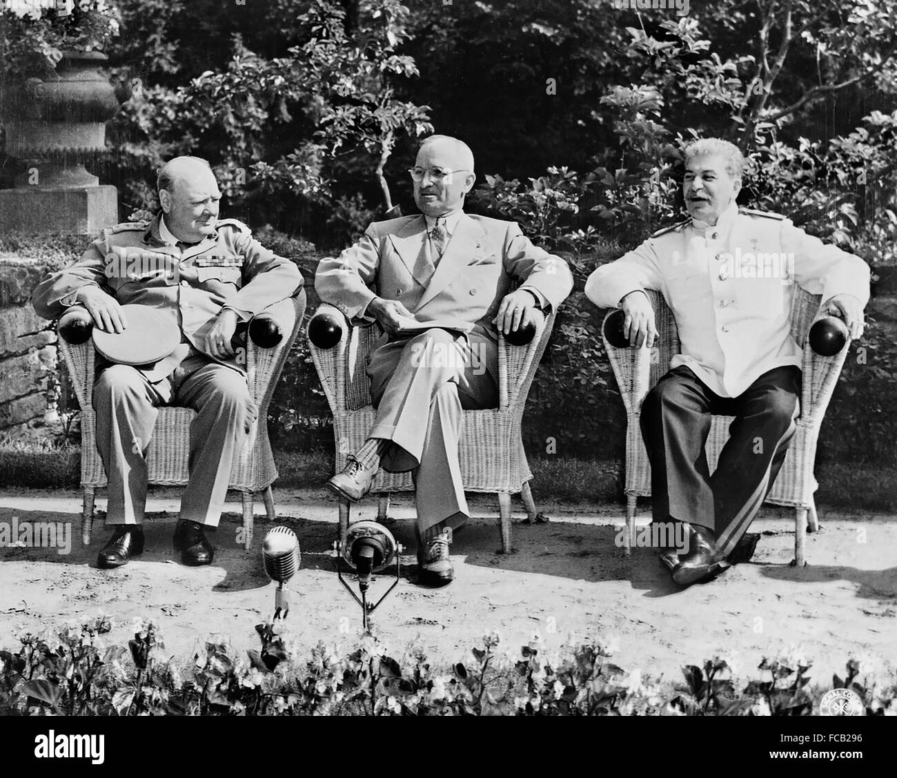 Potsdam Conference, 1945. British Prime Minister Winston Churchill, US President Harry S Truman, and Soviet Premier Joseph Stalin at the Potsdam Conference (sometimes known as the Berlin Conference) on July 25th 1945 Stock Photo