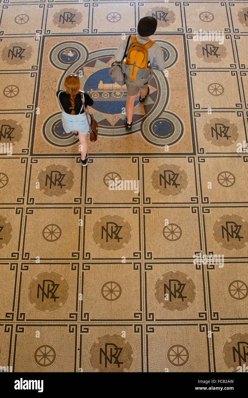 New Zealand, Dunedin. Historic Victorian Dunedin Railway Station, c. 1906. Interior view of tile floor. Stock Photo