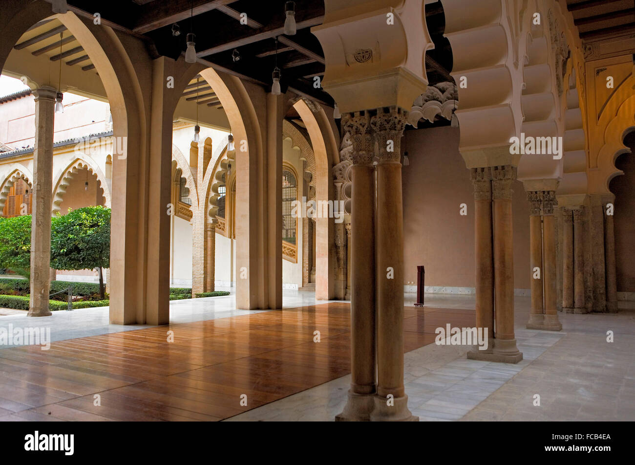 Zaragoza, Aragón, Spain: Courtyard of Santa Isabel. Arches in Pórtico Norte. Aljafería Palace. Stock Photo