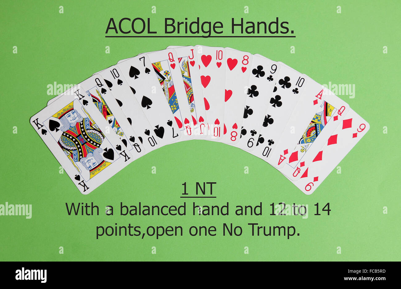 ACOL Contract Bridge Hand. With 12 to 14 points and a balanced hand open one no trump. Stock Photo