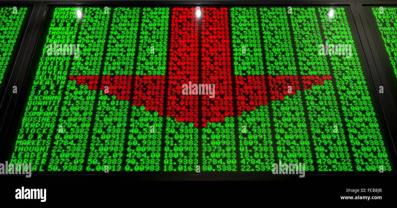 A flat section of a digital stock market indicator board with red