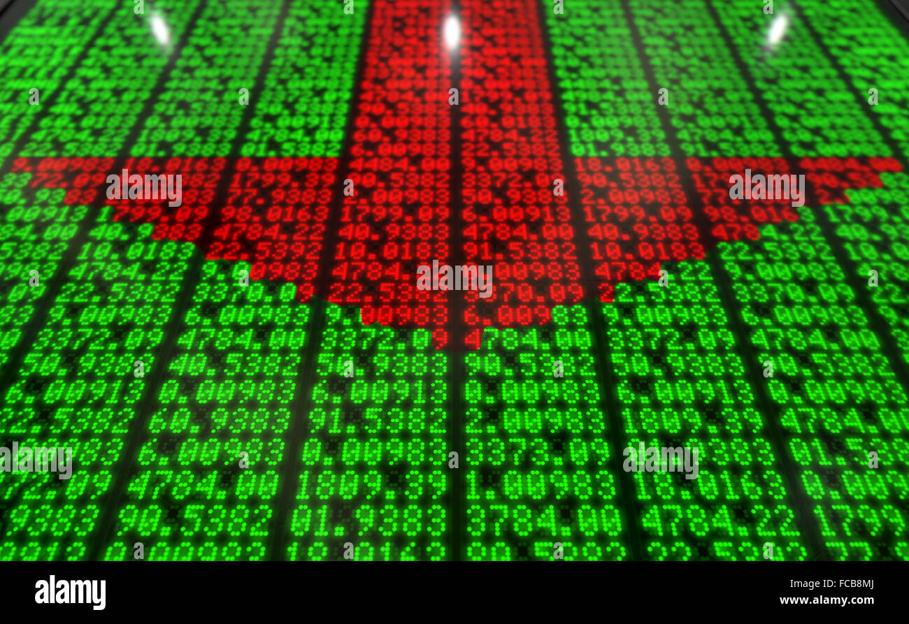 A flat section of a digital stock market indicator board with red