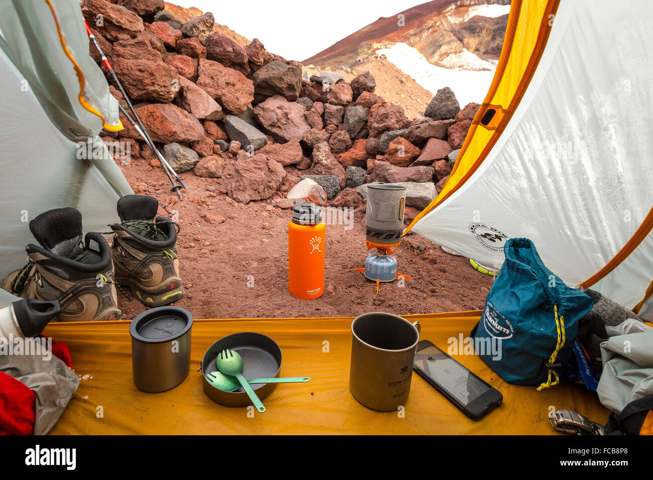 Basecamp just below the Lewis Glacier on South Sister in Oregon's Three Sisters Wilderness Stock Photo