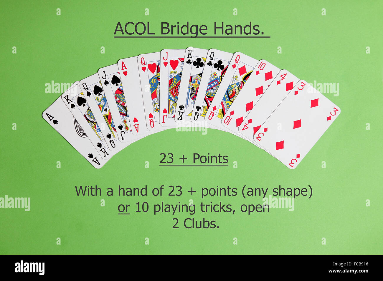 ACOL Contract Bridge Hand. With a hand of 23+ points (any shape) of 10 playing tricks open with two clubs. Stock Photo
