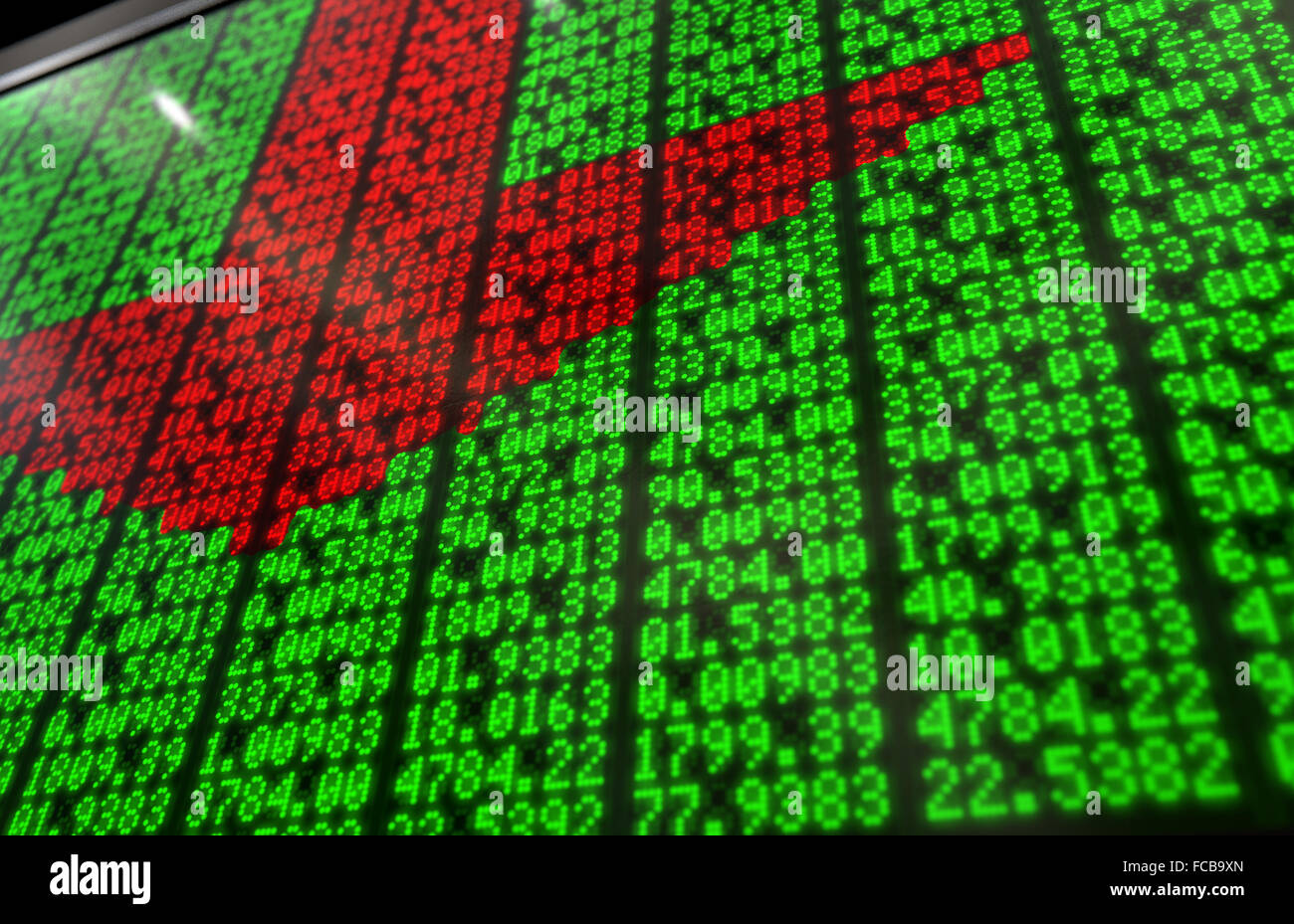 A flat section of a digital stock market indicator board with red