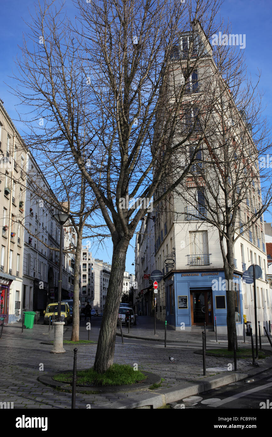 Square between rue Piat, rue du transvaal and rue des envierges - Belleville - 20th arrondissement - Paris - France Stock Photo