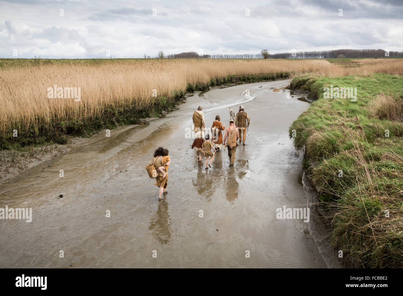 Netherlands, Nieuw Namen, Westerschelde river. Nature reserve Verdronken Land van Saeftinghe. film set. Prehistoric people Stock Photo