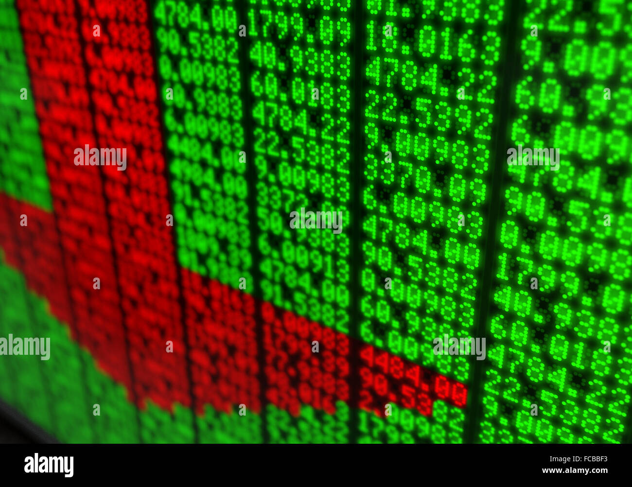 A flat section of a digital stock market indicator board with red numbers making up a downward facing arrow Stock Photo