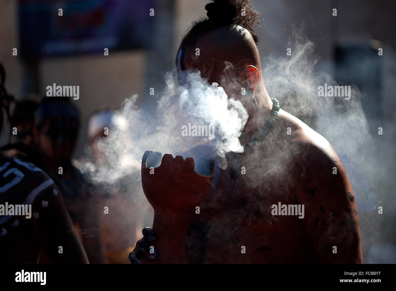 A Mayan Ball Player from ?Pucxical Keej? team , Playa del Carmen, Quintana Roo, spreads incense at the first ®Pok Ta Pok® World Stock Photo