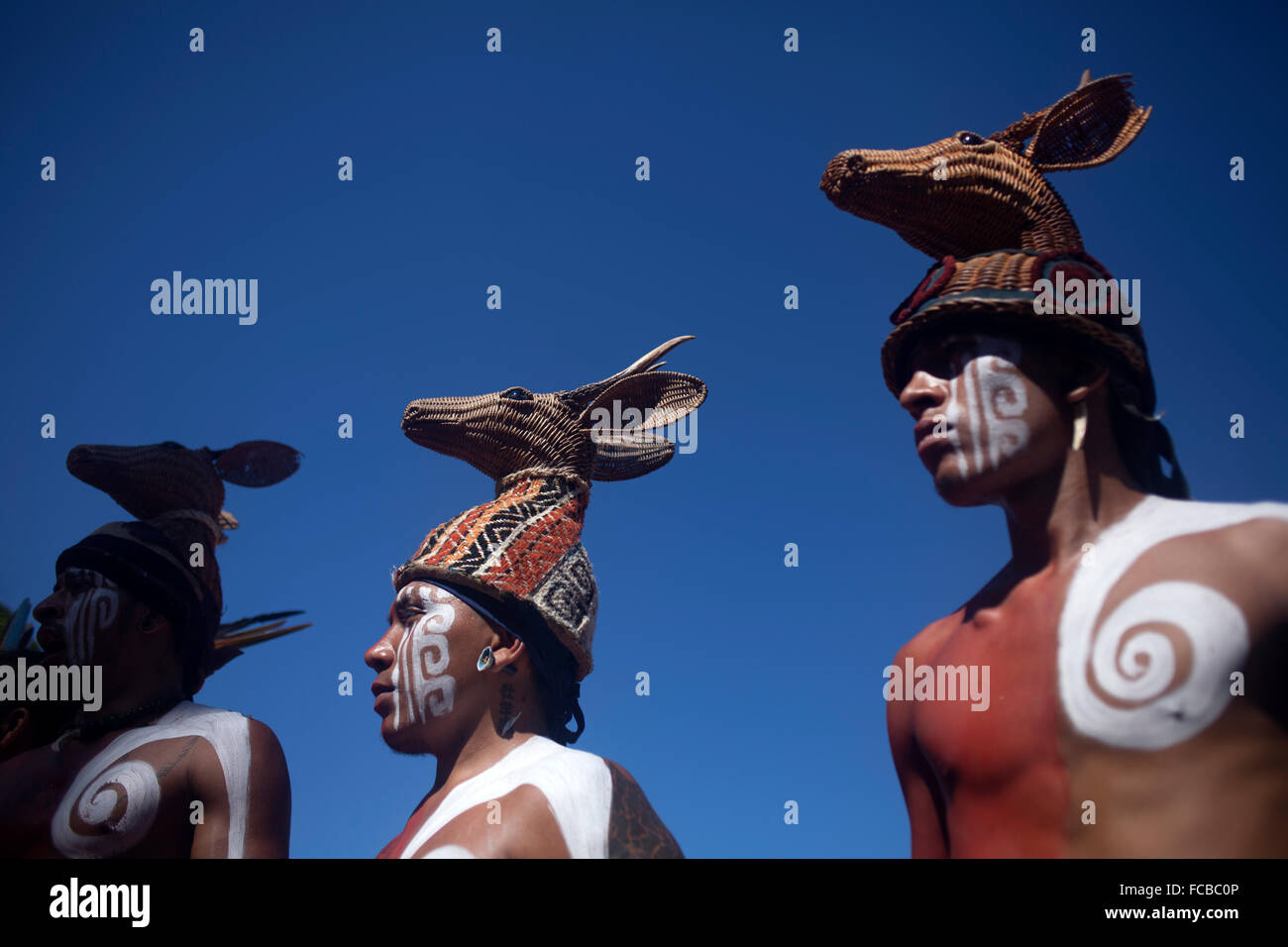 Mayan ball players from ?Pucxical Keej? team of Playa del Carmen, Quintana Roo, during the first ®Pok Ta Pok® World Cup in Stock Photo