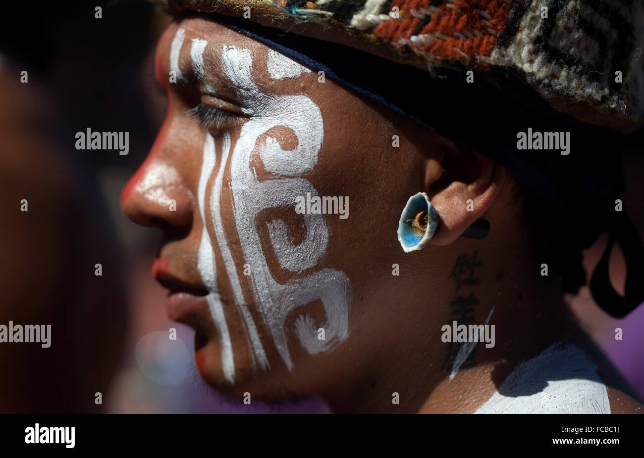 A Mayan Ball Player from ?Pucxical Keej? team of Playa del Carmen, Quintana Roo, during the first ®Pok Ta Pok® World Cup in Stock Photo