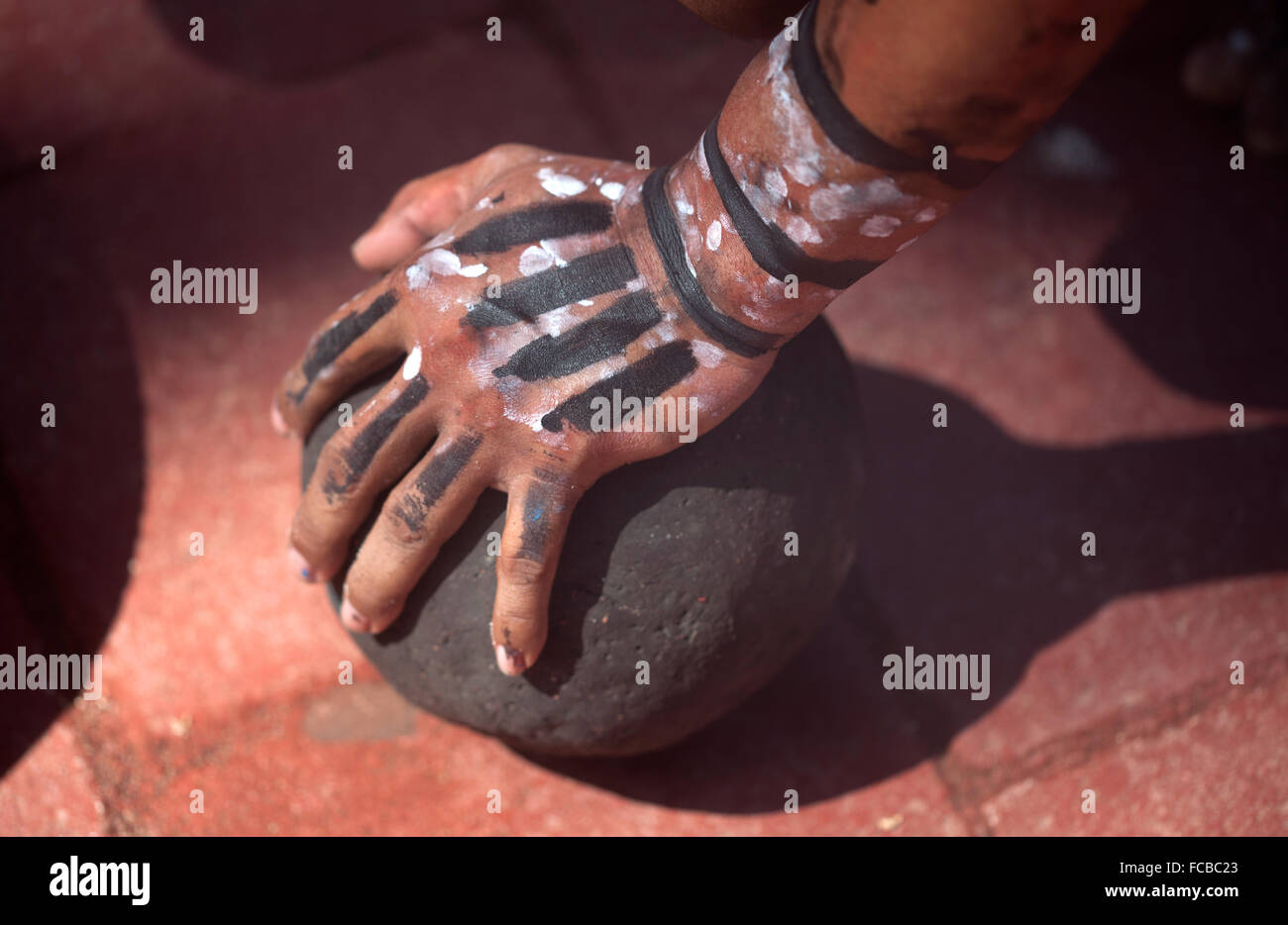 A Mayan Ball Player holds the ball during the first ®Pok Ta Pok® World Cup in Piste, Tinum, Yucatan, Mexico Stock Photo