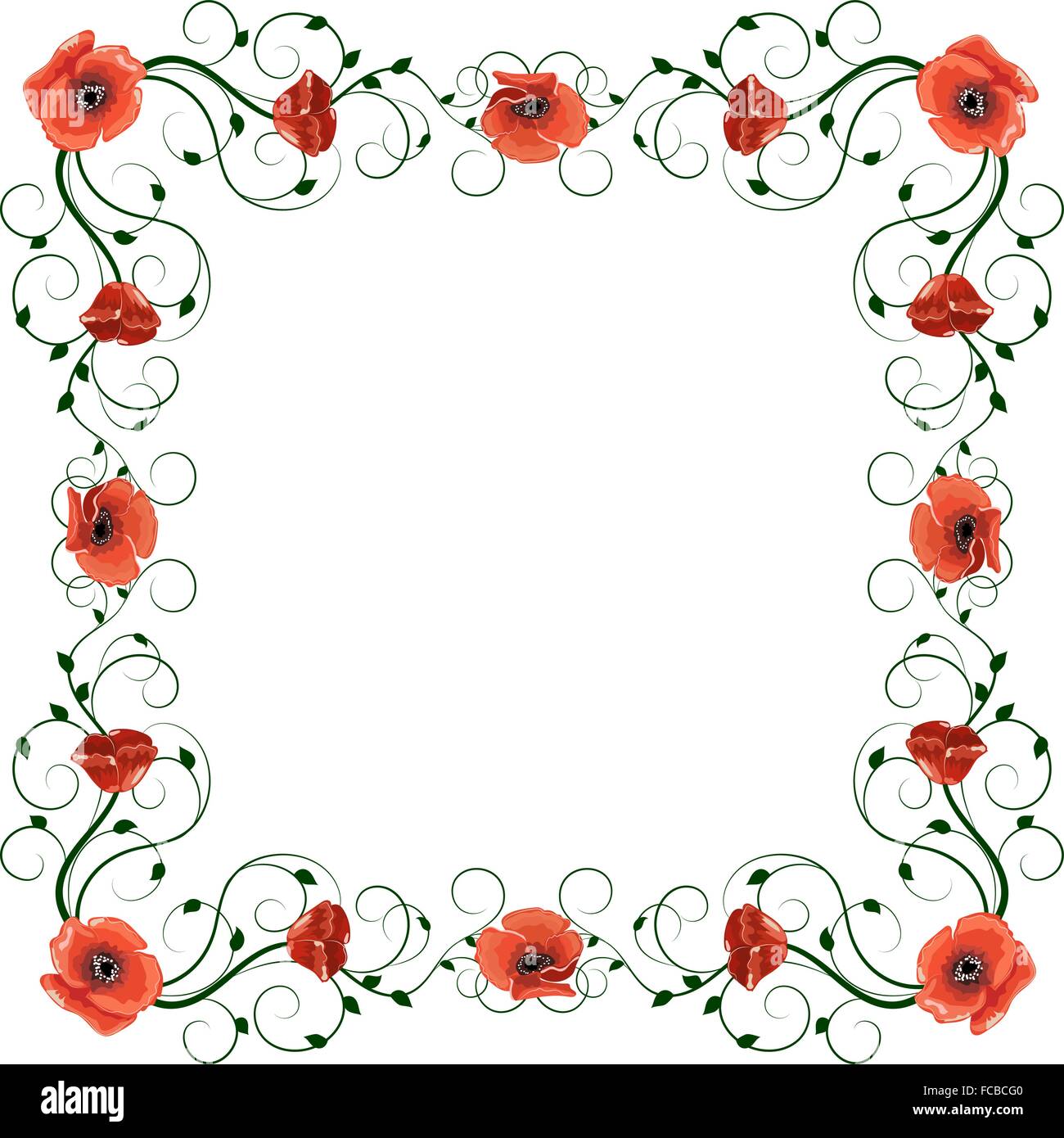 Delicate frame with red poppies isolated on white background Stock ...