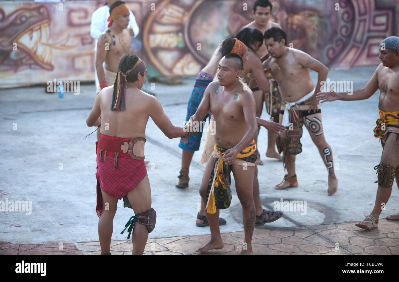 Mayan Ball Players from Guatemala and Chapab de las Flores, greet each other during the first ®Pok Ta Pok® World Cup in Piste, Stock Photo