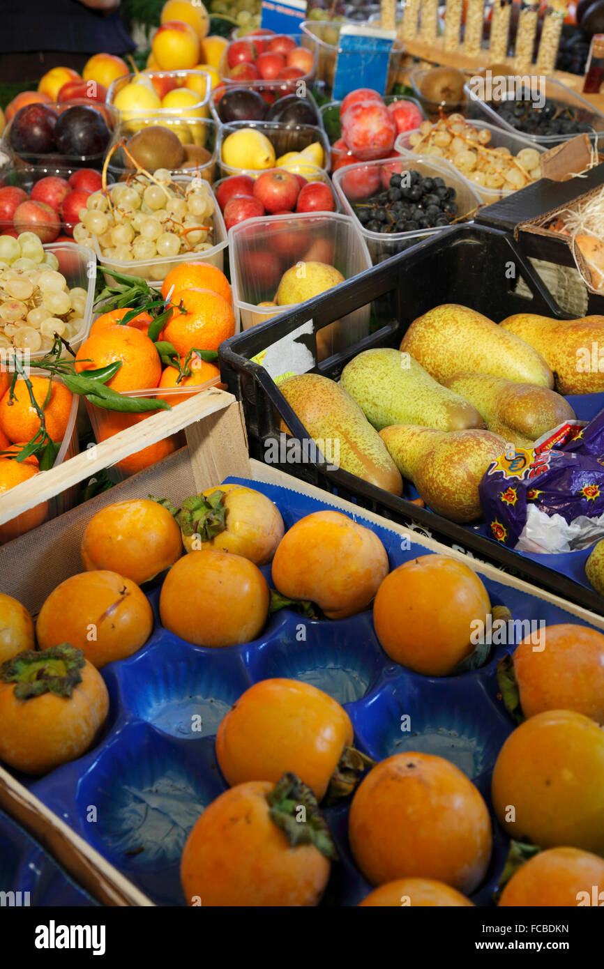 fruits packages on market in Rome Stock Photo