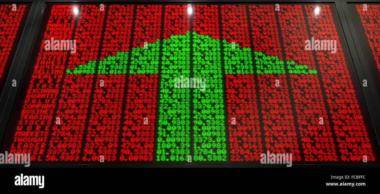 A flat section of a digital stock market indicator board with green numbers making up an upward facing arrow Stock Photo