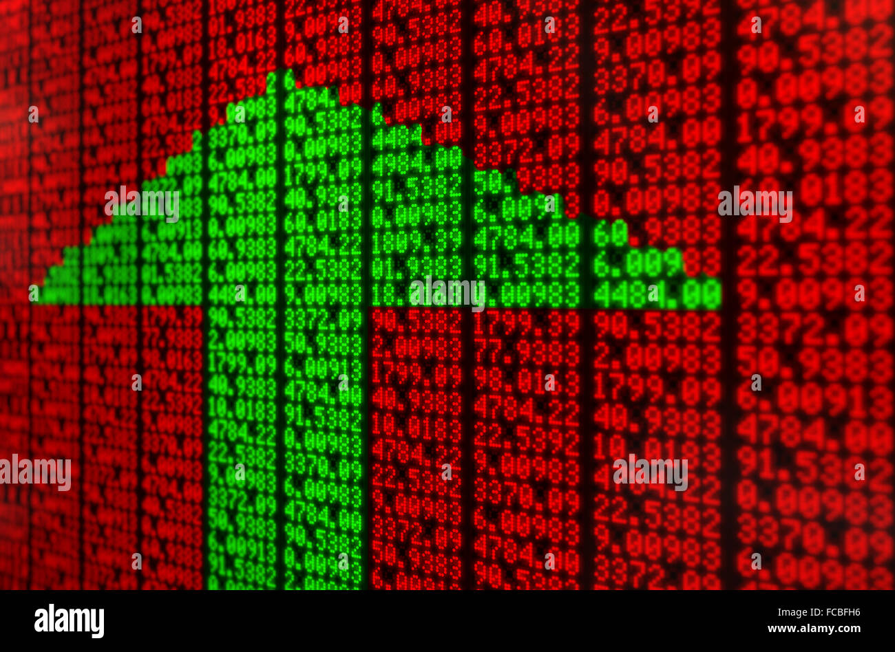 A flat section of a digital stock market indicator board with green
