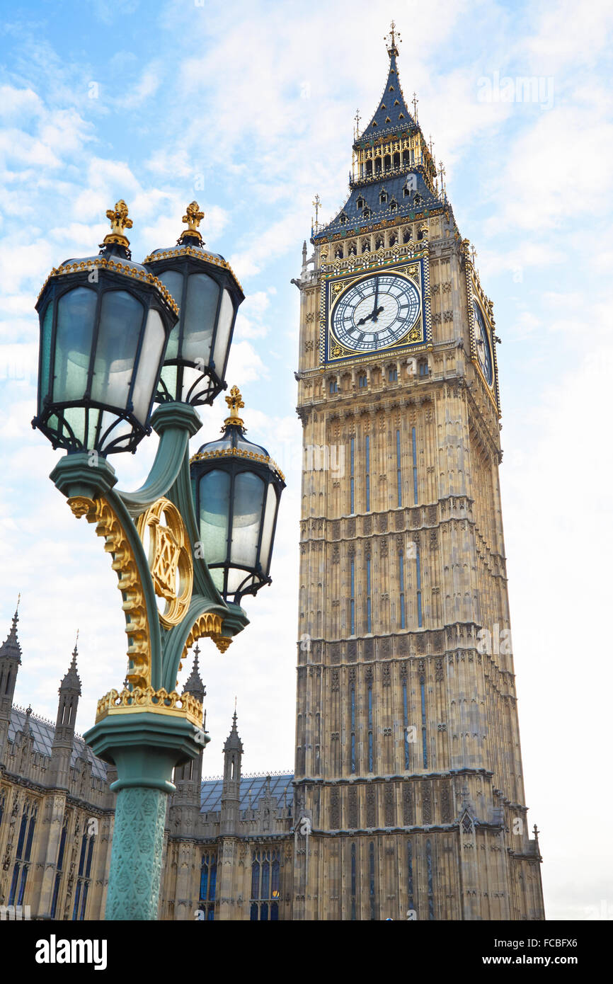 Big Ben view with ancient street lamp in London Stock Photo